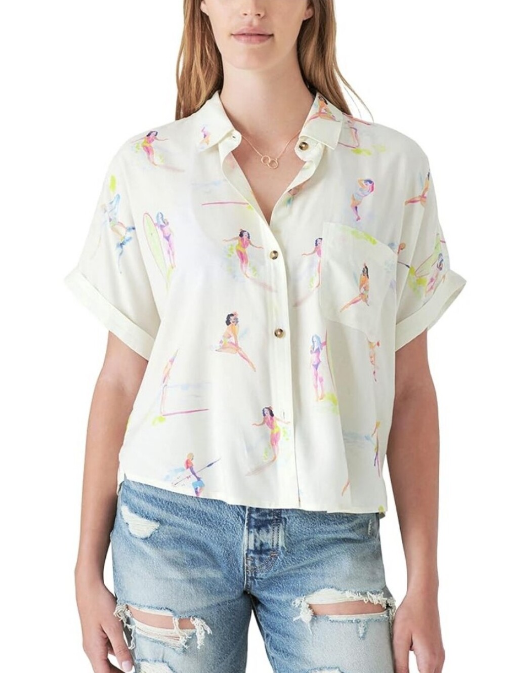 Lucky Brand Womens Medium Shirt Cream Bikini Pinup Girl Surfboard Top Beach